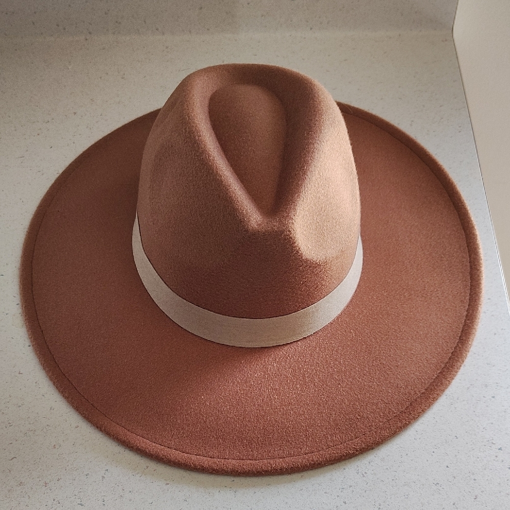 Wide Brim Wool Fedora Hat - Rust with Beige Band